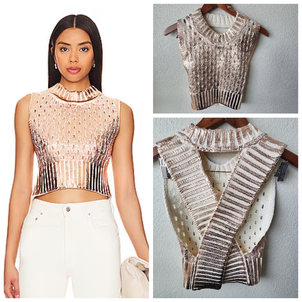 NWOT Free People Cassius Rose Gold Metallic Open Stitch Sweater Vest SMA…